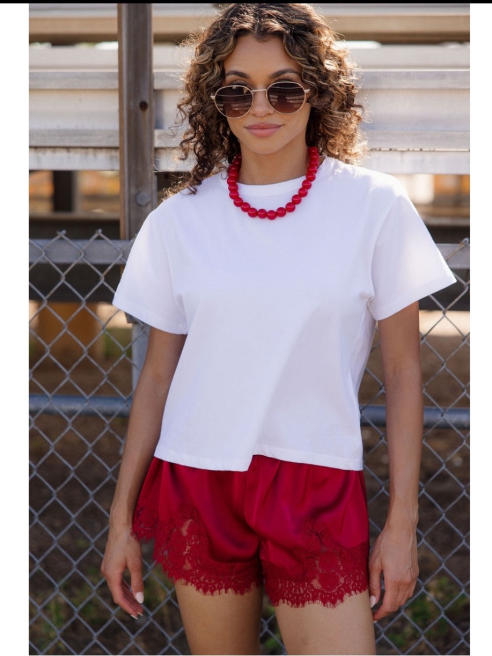 TCEC Red Lace Trim Satin Shorts - Picture 10 of 10